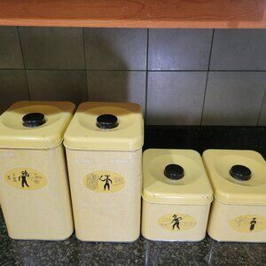 Harvell Metal Canisters Yellow and Black Vintage Space Saver Set Of 4